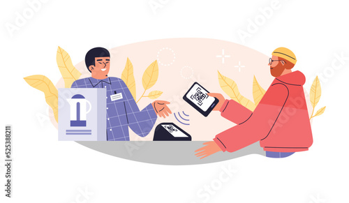 Man uses QR code to pay in hardware store, flat vector illustration isolated on white background.