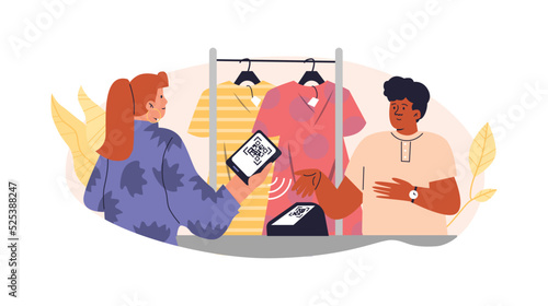 Woman in clothing store showing QR code to pay for items, flat vector illustration isolated on white background.
