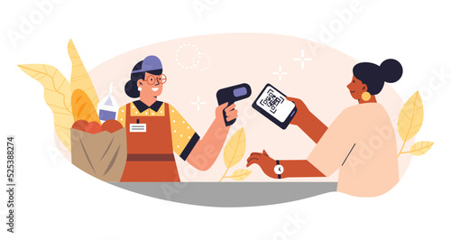 Woman at supermarket showing QR code at checkout, flat vector illustration isolated on white background.