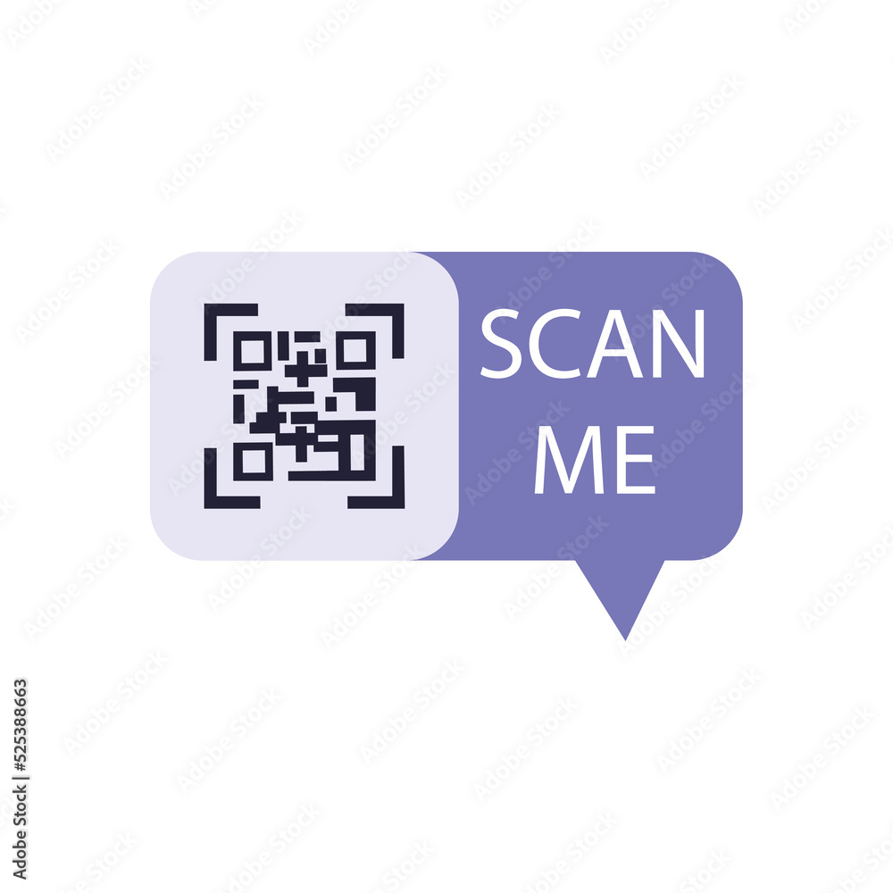 Sticker in form of message with QR code sign and scan me text flat style Sticker in form of message with QR code sign and scan me text flat style