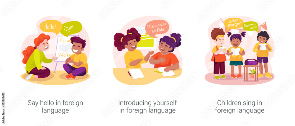 Bilingual immersion program in daycare isolated cartoon vector illustration set