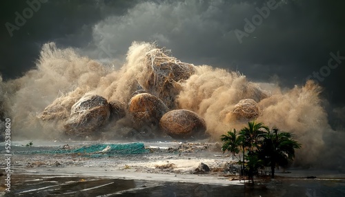 Mega tsunami rolling round rocks on tropical ocean beach