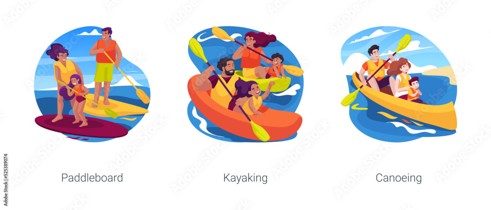 Activities on the lake isolated cartoon vector illustration set