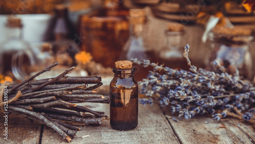 Medicinal herbs and tinctures homeopathy. Selective focus.