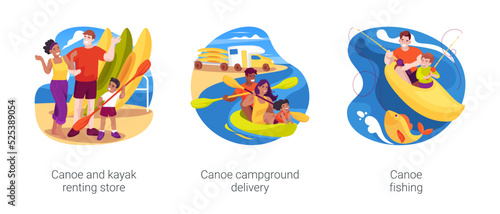 Lake canoeing isolated cartoon vector illustration set