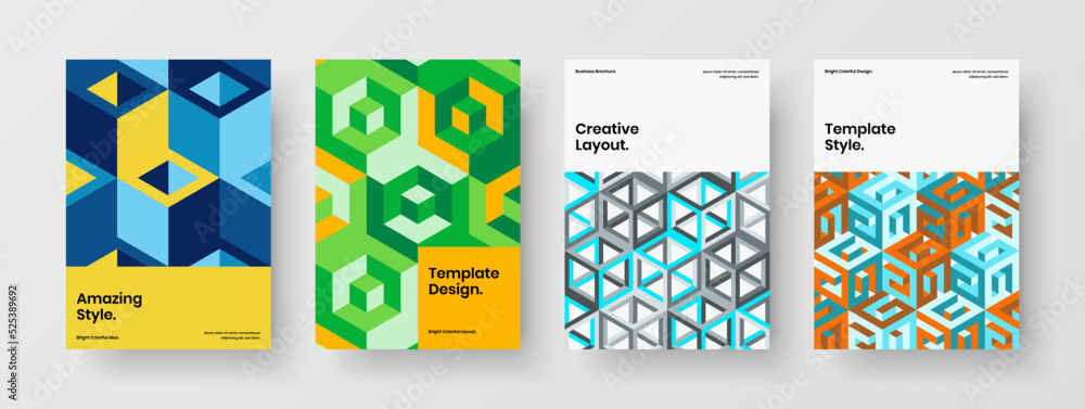 Modern geometric shapes front page layout composition. Unique magazine cover design vector illustration set.