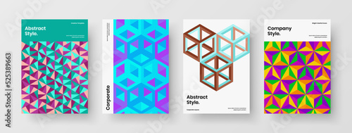 Premium company cover design vector illustration set. Bright mosaic hexagons leaflet layout bundle.