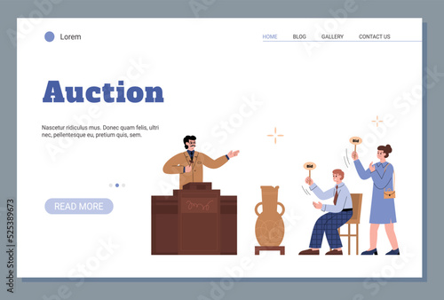Auction sale web page with auctioneer and bidder, flat vector illustration.