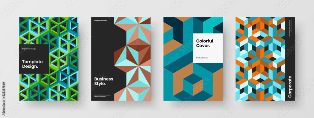 Premium mosaic hexagons brochure concept composition. Creative leaflet design vector template bundle.