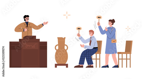 Art auction occasion of public sale flat vector illustration isolated.