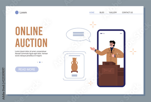 Online auction website screen template for landing page flat vector illustration.