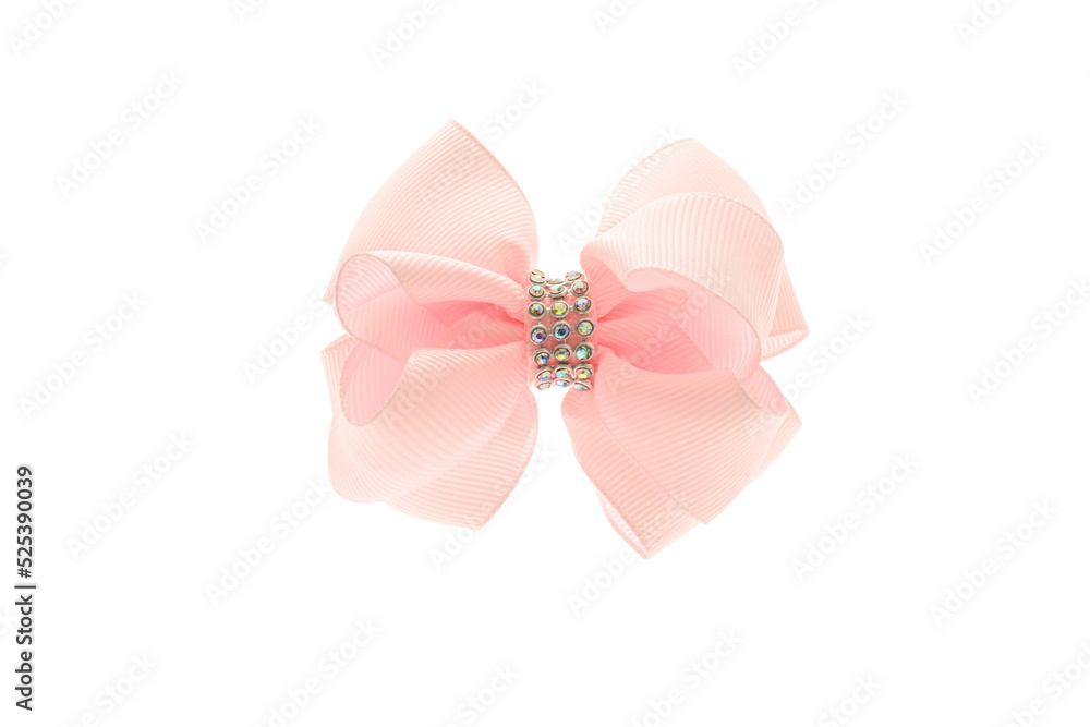 Pink satin bow for hair for girl, woman isolated on white background. Scrunchie hair clip accessory for girls and women. Close up Pink satin bow for hair for girl, woman isolated on white background. Scrunchie hair clip accessory for girls and women. Close up