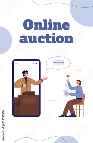 Online auction banner or poster template, flat cartoon vector illustration.