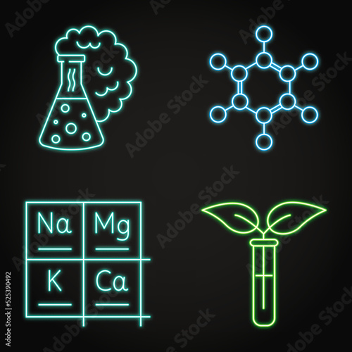 Neon chemistry science icon set