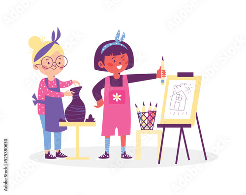 Kids craft lessons with children characters, flat vector illustration isolated.