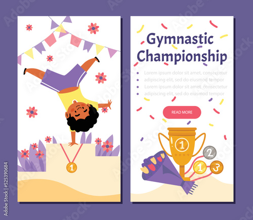Black boy with afro doing cartwheel on podium after winning the first place, gold medal at Kids Gymnastic Championship