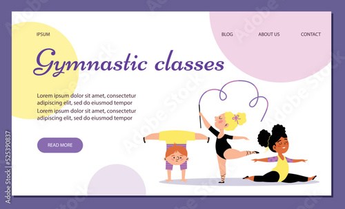 White ginger boy and Black and blonde girls at gymnastic class for kids. Split, handstand cartoon vector illustration.
