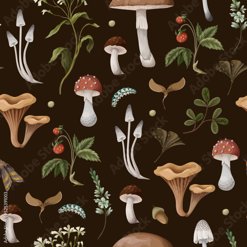 Autumn seamless pattern with mushrooms, berries and bugs. Natural trendy print.