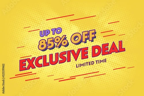 85 eighty-five Percent off super sale shopping halftone banner. offer percent photo