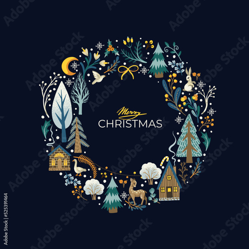 Christmas card with rustic animals, birds and trees. Wallpaper print