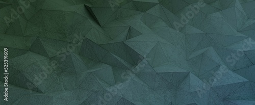Light green crystals with stone relief tracery. Polygonal triangles with 3d render turquoise gradient and rough weathered tracery. Futuristic landscape of pyramids with geometric slices