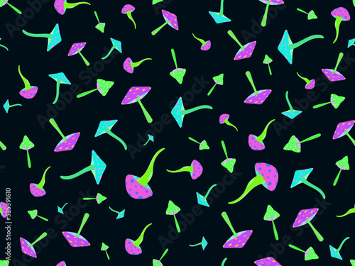 Psychedelic mushrooms seamless pattern. Acid trip, bright colorful mushrooms in the style of the 80s. Trippy magic mushrooms. Design for posters, banners and promotional items. Vector illustration