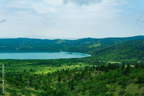 natural landscape of Kunashir island, view of the Golovnin volcano caldera with hot lake