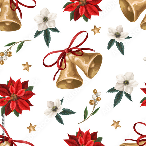 Seamless pattern with Christmas botanical plants, flowers and bells. Textile or wallpaper print.