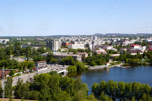 Panorama of Nizhny Tagil and the pond with Lysa (Fox) mountains. Sverdlovsk region. Russia