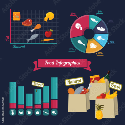 Supermarket foods infographics presentation elements of healthy and fresh products isolated vector illustration