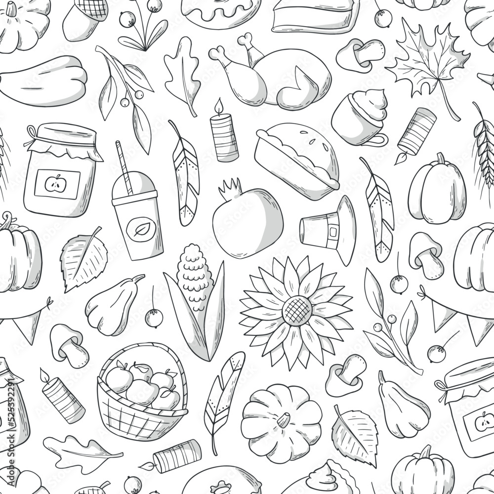 Thanksgiving monochrome seamless pattern with hand drawn elements. Good for packaging, scrapbooking, textile prints, kids coloring pages, wallpaper, backgrounds, etc. EPS 10