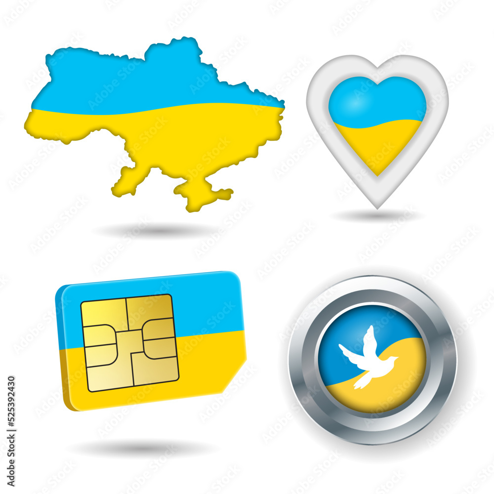 Objects with Ukrainian symbols set sim card Ukrainian sim card map of Ukraine flag of ukraine