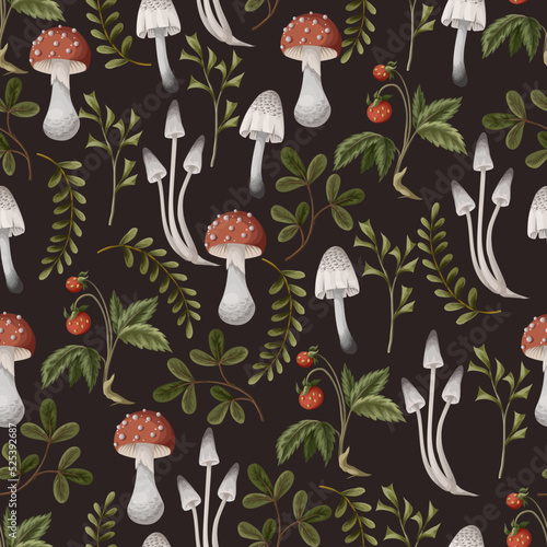 Autumn seamless pattern with mushrooms, berries and bugs. Natural trendy print.