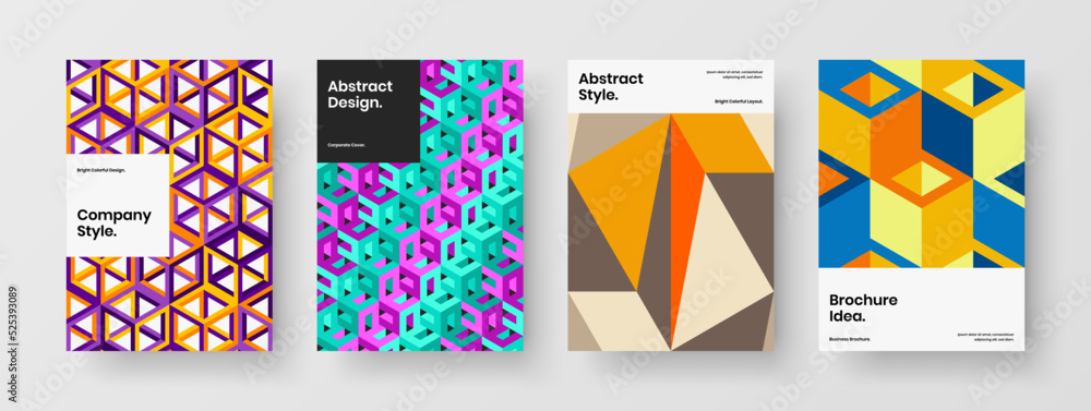 Modern leaflet A4 vector design illustration composition. Isolated mosaic hexagons catalog cover template bundle.