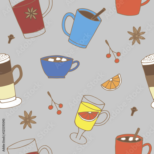 Autumn and winter hot drinks seamless pattern vector illustration, hand drawing