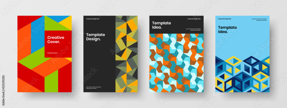 Naklejka premium Vivid journal cover A4 design vector layout collection. Minimalistic geometric hexagons placard concept bundle.