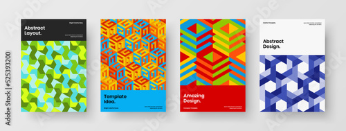 Multicolored mosaic hexagons pamphlet concept set. Abstract corporate identity design vector template bundle.
