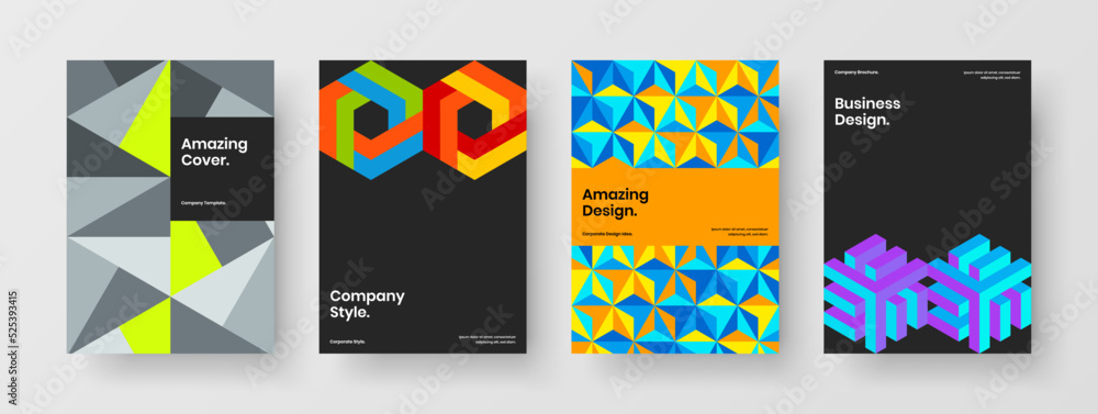 Fresh annual report design vector template collection. Isolated mosaic hexagons corporate cover layout bundle.