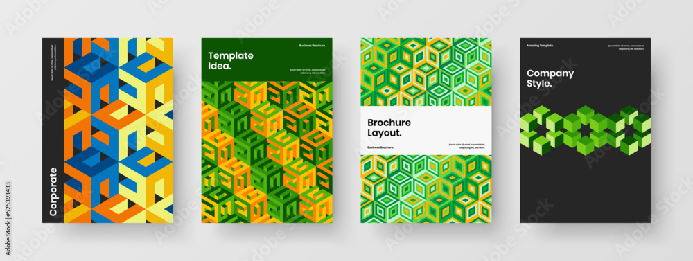Fototapeta premium Bright placard vector design template set. Isolated mosaic tiles corporate cover illustration composition.