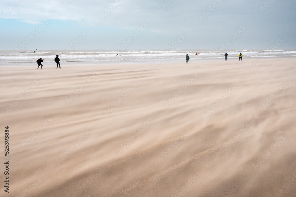 Wind storm at the beach of Scheveningen (The Hague) in The Netherlands. Dutch coastline by Scheveningen during the storm Eunice