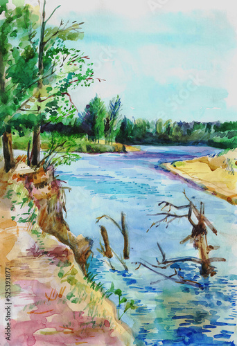 Watercolor summer landscape with a river and trees. Nature and green forest. The river bank and the blue sky. Vertical Drawing with watercolor paints.Watercolor painting.