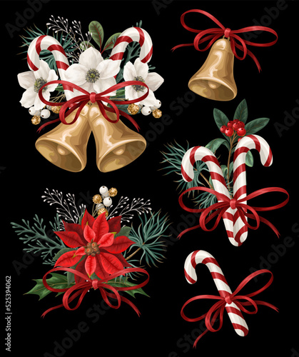 Christmas botanical plants, flowers and bells isolated. Textile or wallpaper print.