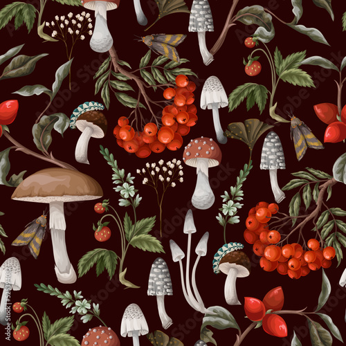 Autumn seamless pattern with mushrooms, berries and plants. Botanical vector.