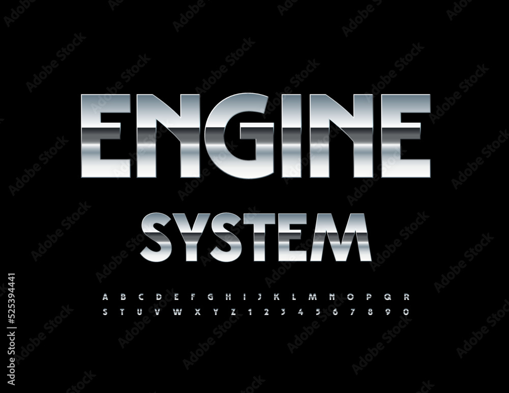 Fototapeta premium Vector industrial banner Engine System with steel Font. Glossy Alphabet Letters and Numbers set