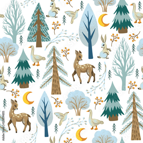 Christmas seamless pattern with rustic animals  birds and trees. Wallpaper print.