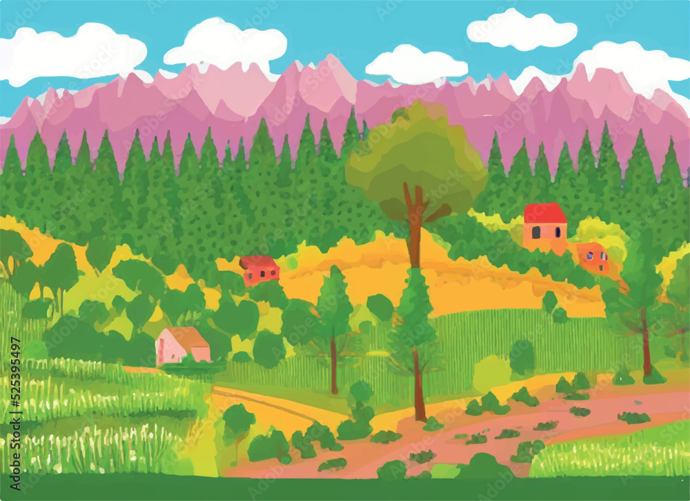 Nature and landscape. Vector illustration of trees, forest, mountains, flowers, plants, houses, fields, farms and villages. Picture for background, card or cover
