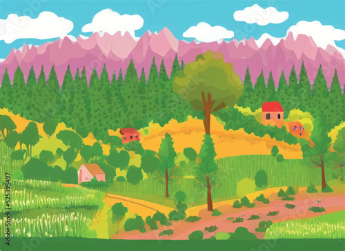 Nature and landscape. Vector illustration of trees, forest, mountains, flowers, plants, houses, fields, farms and villages. Picture for background, card or cover