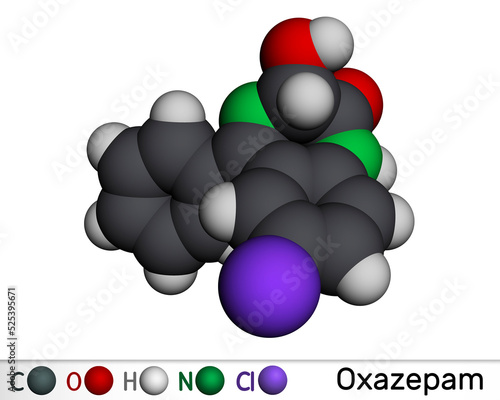 Oxazepam molecule. It is benzodiazepine used to treat panic disorders, severe anxiety, insomnia Molecular model. 3D rendering photo