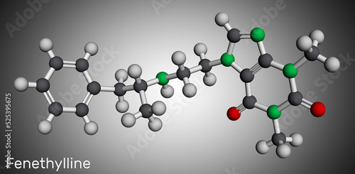 Fenethylline, phenethylline, amfetyline, fenetylline molecule. It is psychostimulant, narcotic, codrug of amphetamine and theophylline. Molecular model. 3D rendering photo