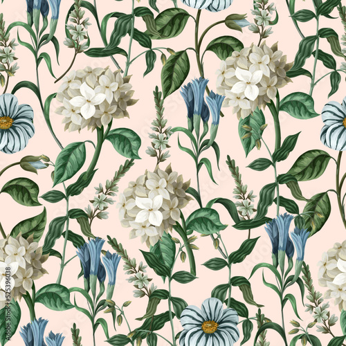 Seamless botanical pattern with hydrangeas and other flowers. Vector